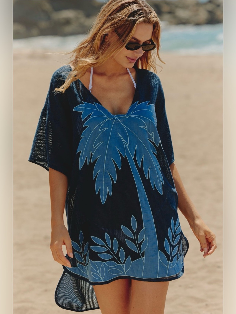 Anthropologie Celandine Palm Tree Navy Mesh Coverup Tunic Mini Dress 2X Plus New